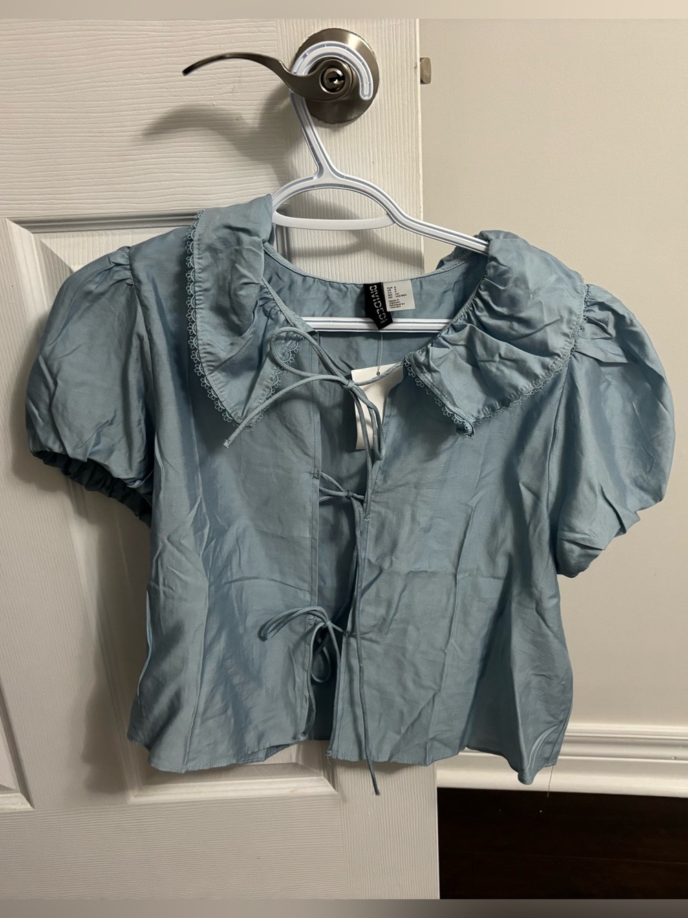H&M Light Blue Lace-Trim Tie-Front Blouse